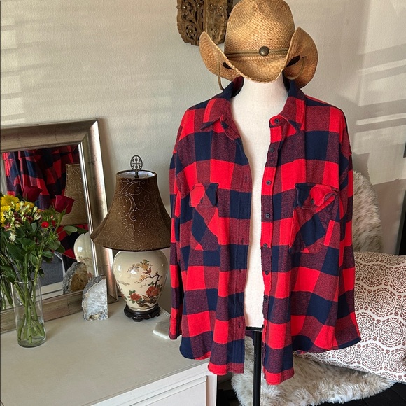 NWT Aerie lumberjane red navy western buffalo check cotton oversized shirt L - Picture 2 of 11